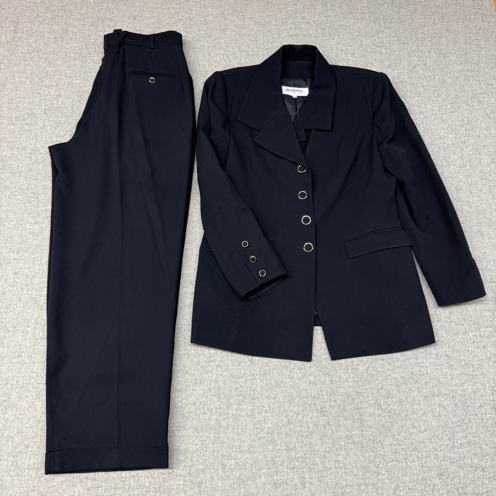 Rodier Pant Suit 46 Navy Blue Gold Button Blazer Pleated Cuffed Trousers 2 Piece